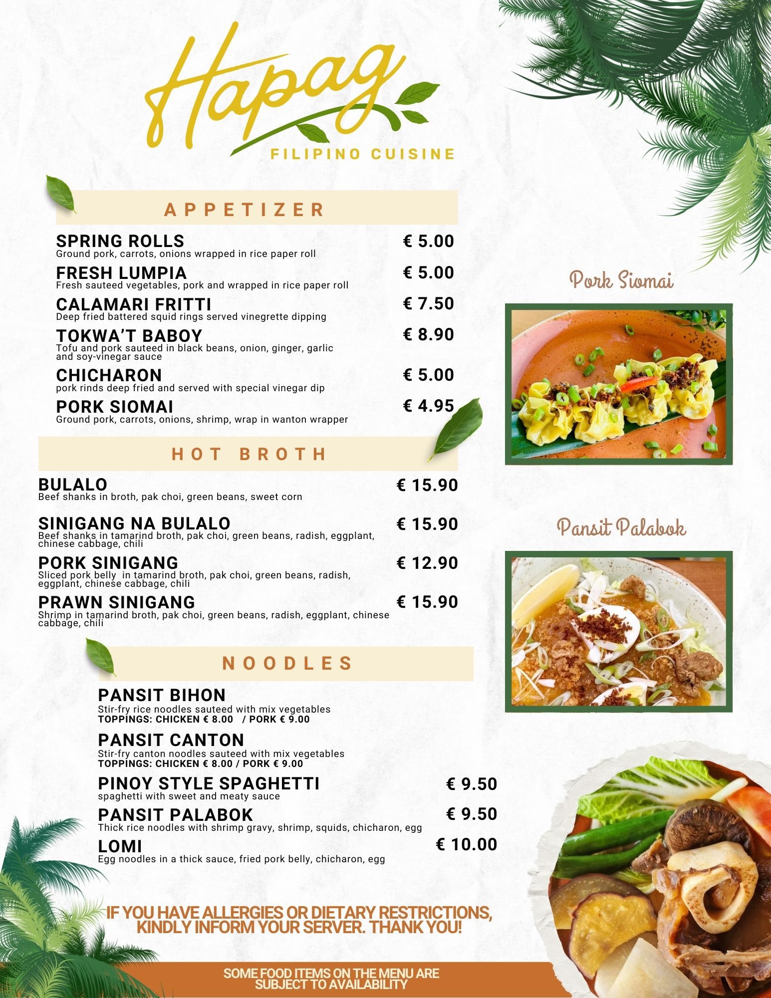 Hapag appetizer, broth, and noodles menu
